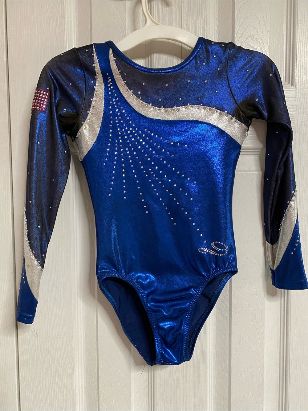 Girls Blue Metallic Long-Sleeve Gymnastics Leotard with Silver Accent